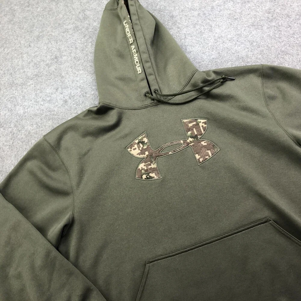 Under Armour Hoodie Mens Medium Green Digital Camo Fleece Sweatshirt Y2K VTG